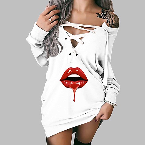 

Women's Shift Dress Short Mini Dress Gray Long Sleeve Print Print Fall Spring Off Shoulder 3D Print Casual 3D Print S M L XL XXL 3XL