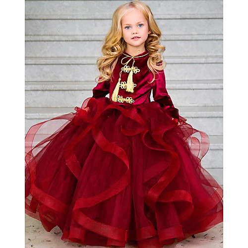

Princess / Ball Gown Floor Length Wedding / Party Flower Girl Dresses - Tulle / Velvet Long Sleeve Jewel Neck with Tier / Appliques