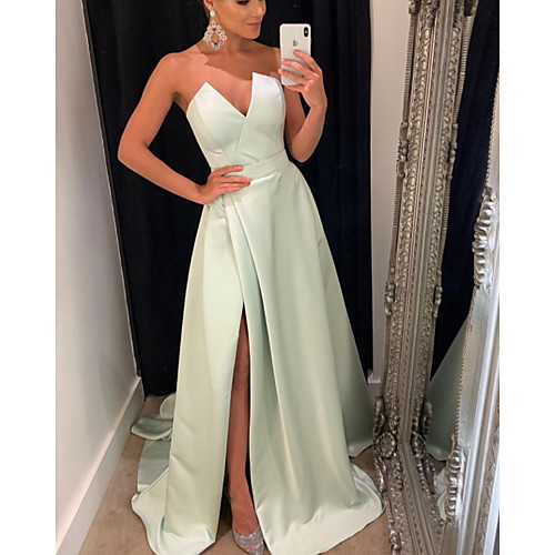 

A-Line Minimalist Sexy Engagement Formal Evening Dress Strapless Sleeveless Sweep / Brush Train Satin with Split 2021