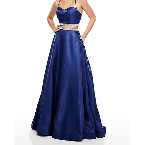

Two Piece Beautiful Back Sexy Wedding Guest Formal Evening Dress Halter Neck Sleeveless Sweep / Brush Train Satin with Pleats 2021