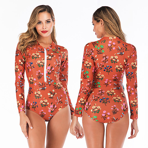 

Women's One Piece Swimsuit Rash Guard Elastane Swimwear Breathable Quick Dry Long Sleeve Front Zip - Swimming Surfing Water Sports Painting Autumn / Fall Spring Summer