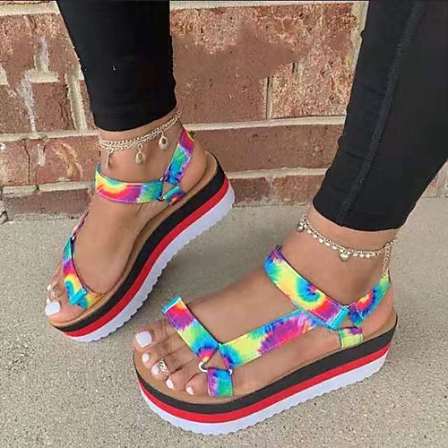 

Women's Sandals Flat Heel Round Toe Flat Sandals Casual Daily Walking Shoes PU Buckle Solid Colored Slogan Black / White Fuchsia Rainbow