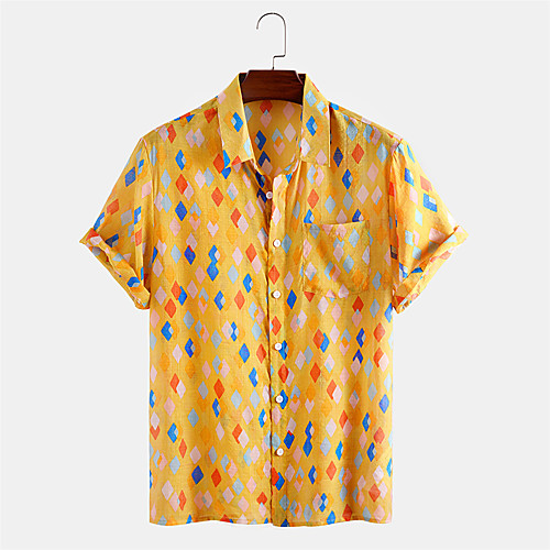 

Men's Shirt Other Prints Argyle Button-Down Print Short Sleeve Daily Tops Casual Hawaiian Yellow