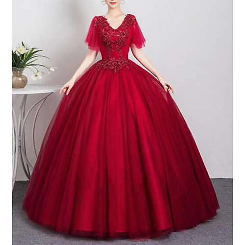 

Ball Gown Elegant Floral Quinceanera Engagement Dress V Neck Short Sleeve Floor Length Tulle with Pleats Appliques 2021