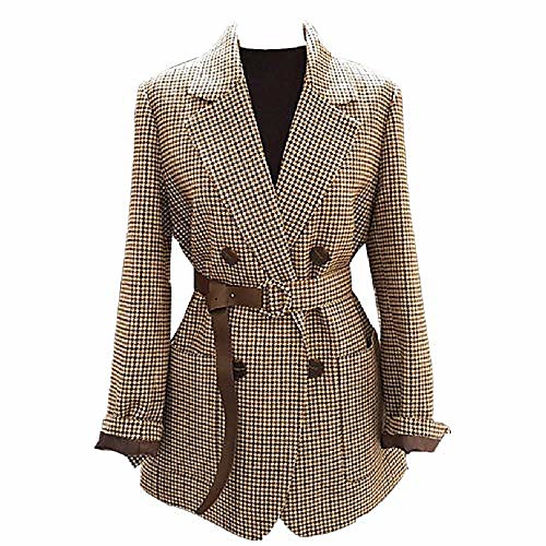 

Retro Double-Breasted Office Ladies Plaid Blazer with Belt Long Sleeve Houndstooth Blazer Jacket Ladies Blazer Women Light Brown