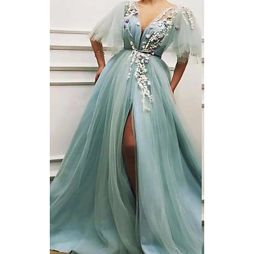 

A-Line Sexy Floral Engagement Prom Dress V Neck Half Sleeve Floor Length Tulle with Pleats Split Appliques 2021