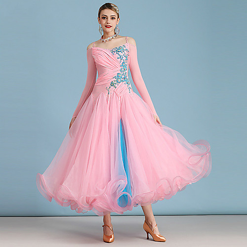 

Ballroom Dance Dress Pleats Crystals / Rhinestones Women's Training Performance Long Sleeve Natural Elastane
