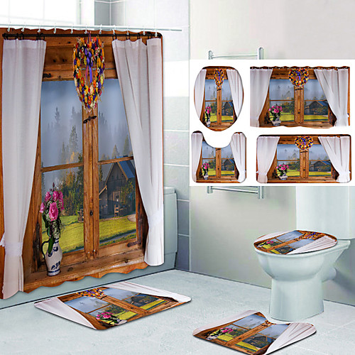 

Bathroom Shower Curtain & Mat Set Classic Polyester Waterproof