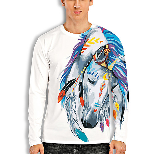 

Men's T shirt 3D Print Graphic 3D Animal Print Long Sleeve Casual Tops Cartoon Classic White