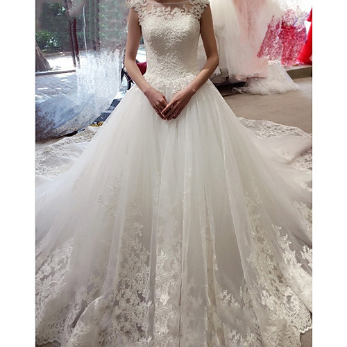 

A-Line Wedding Dresses Jewel Neck Court Train Lace Tulle Sleeveless Formal Romantic Luxurious with Appliques 2021