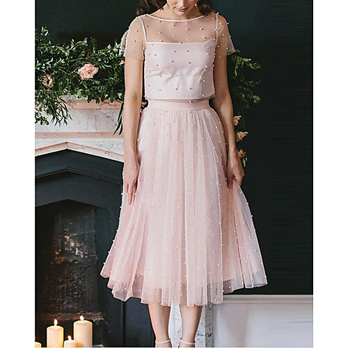 

Two Piece Minimalist Elegant Engagement Cocktail Party Dress Illusion Neck Short Sleeve Tea Length Tulle with Pleats Beading 2021