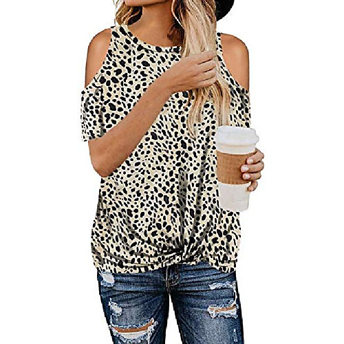 

Womens Twist Front Cut Out Cold Shoulder Tops Leopard Short Sleeve Crewneck Tunic Blouse M Multi