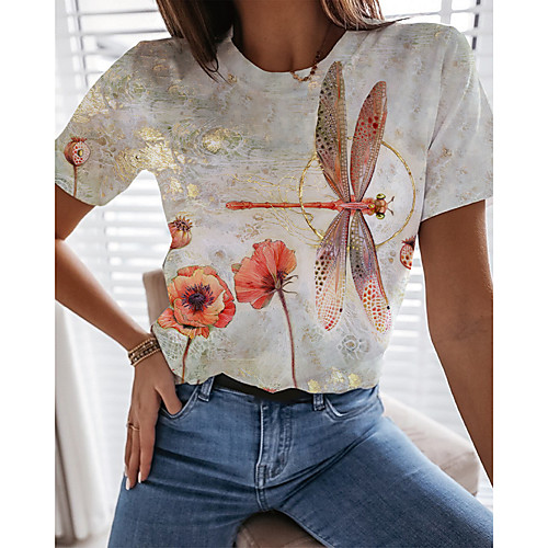 

Women's T shirt Graphic 3D Flower Print Round Neck Tops Basic Basic Top White