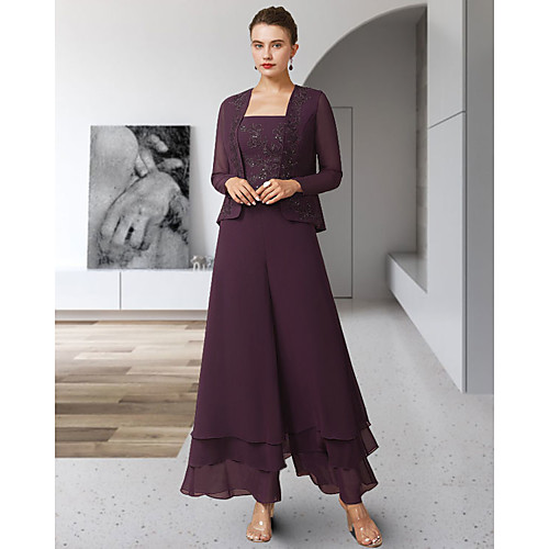 

Pantsuit / Jumpsuit Mother of the Bride Dress Elegant Square Neck Ankle Length Chiffon Lace Sleeveless with Ruffles Appliques 2021