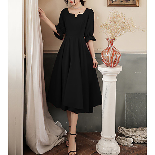 

A-Line Little Black Dress Elegant Homecoming Cocktail Party Dress V Neck Half Sleeve Tea Length Stretch Fabric with Sleek 2021