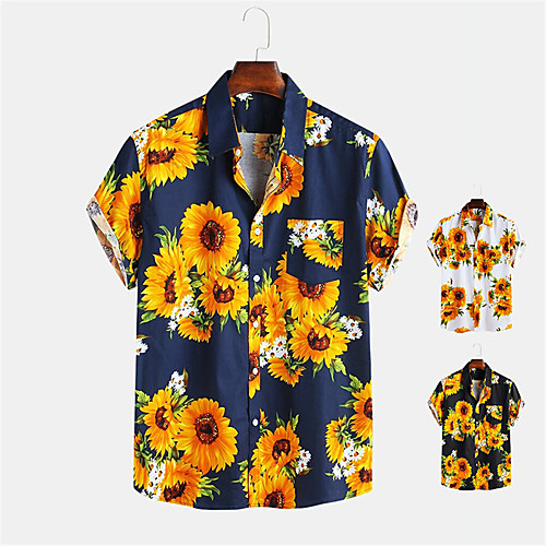 

Men's Shirt 3D Print Floral Button-Down Print Short Sleeve Daily Tops Casual Hawaiian White Black Navy Blue