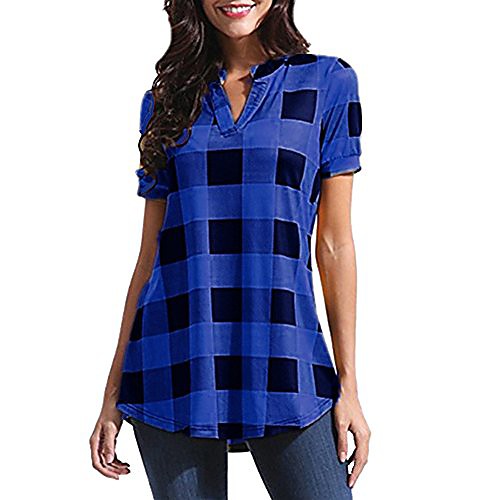 

Womens T-Shirt Tops Sale Casual V-Neck Plaid Printed Short Sleeve Irregular Hem Loose Tee Shirt Tunic Blouses(Blue , 14)