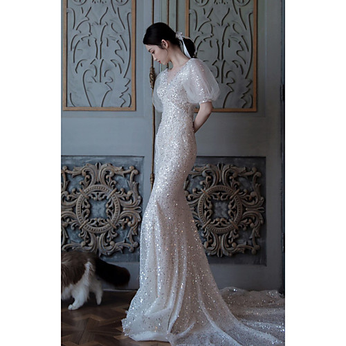 

Mermaid / Trumpet Sparkle Elegant Engagement Formal Evening Dress Illusion Neck Short Sleeve Court Train Sequined with Sequin 2021