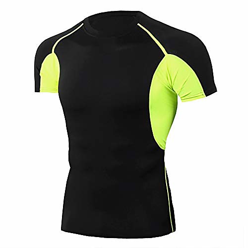 

men compression t shirt, mens base layers short sleeve tops, gym running top workout t shirts for men (black green xl)