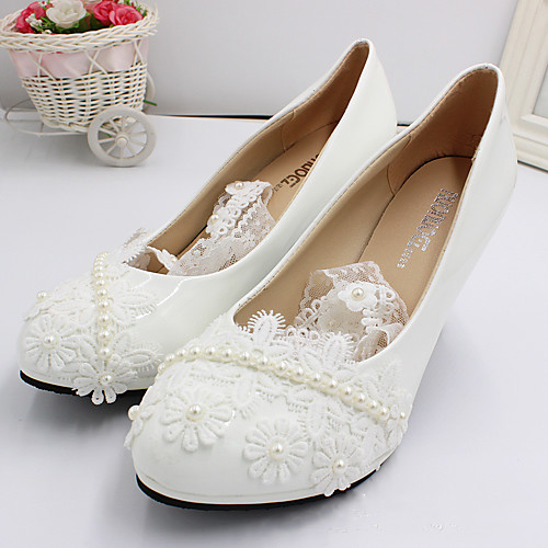 

Women's Wedding Shoes Chunky Heel Round Toe Wedding Pumps Wedding Walking Shoes PU Pearl Lace Floral Same style with flat bottom [Shoe size is too small] 3 cm with the same style [standard shoe size