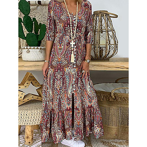 

Women's Swing Dress Maxi long Dress Blue Yellow Wine Half Sleeve Print Print Fall V Neck Elegant Boho vacation dresses 2021 S M L XL / Plus Size