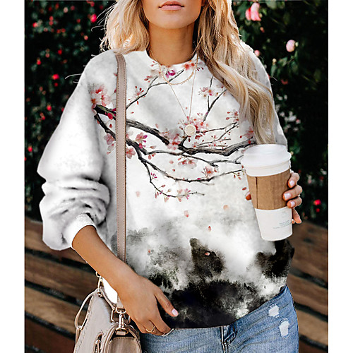 

Women's Pullover Sweatshirt Graphic Floral Print Daily Other Prints Basic Casual Hoodies Sweatshirts White