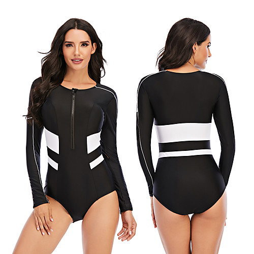 

Women's One Piece Swimsuit Rash Guard Elastane Swimwear Breathable Quick Dry Long Sleeve Front Zip - Swimming Surfing Water Sports Patchwork Autumn / Fall Spring Summer