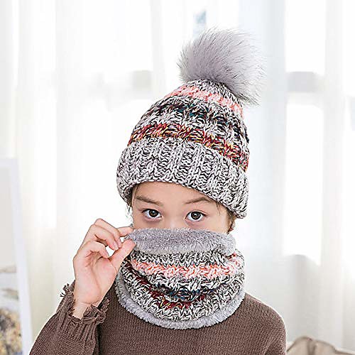 

Cute Hair Ball Hat with Scarf Two-Piece Winter Thick Warm Children's Knit Hat,E