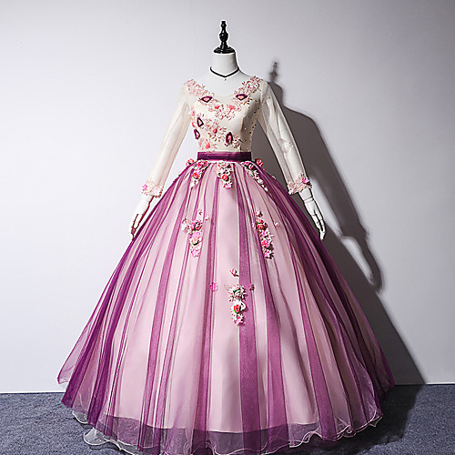

Ball Gown Color Block Floral Quinceanera Prom Dress Jewel Neck Long Sleeve Floor Length Tulle with Pleats Appliques 2021