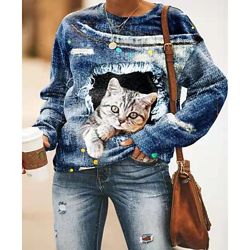 

Women's Pullover Sweatshirt Cat Print Daily Weekend 3D Print Active Basic Hoodies Sweatshirts Blue