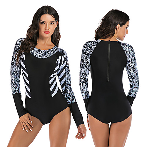 

Women's One Piece Swimsuit Rash Guard Elastane Swimwear Breathable Quick Dry Long Sleeve Back Zip - Swimming Surfing Water Sports Painting Autumn / Fall Spring Summer