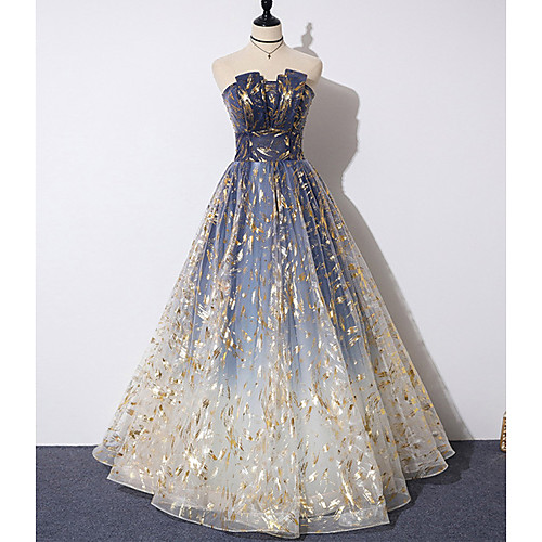 

A-Line Color Block Sparkle Prom Formal Evening Dress Strapless Sleeveless Floor Length Tulle with Pleats Pattern / Print 2021