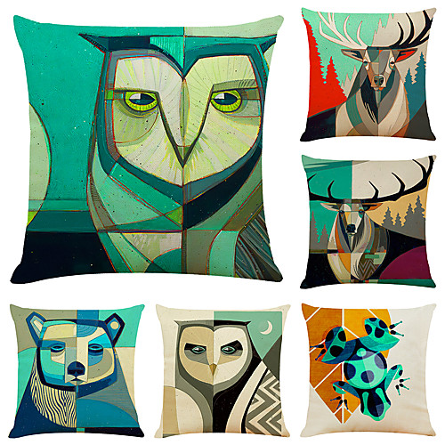 

6 pcs Linen Pillow Cover, Animal Simple Modern Square Zipper Traditional Classic
