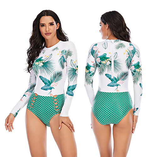 

Women's One Piece Swimsuit Rash Guard Elastane Swimwear Breathable Quick Dry Long Sleeve Back Zip - Swimming Surfing Water Sports Painting Autumn / Fall Spring Summer