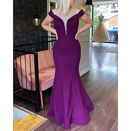 

Mermaid / Trumpet Glittering Sexy Wedding Guest Formal Evening Dress Jewel Neck Sleeveless Sweep / Brush Train Satin with Crystals 2021