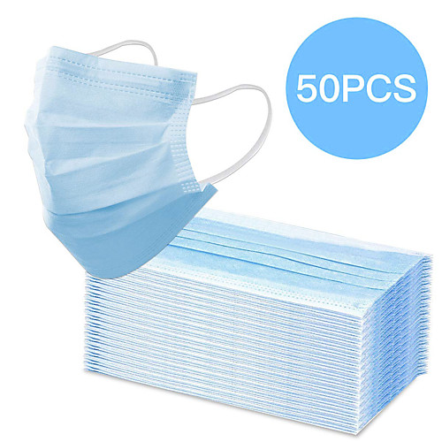 

50 pcs Face Mask Waterproof Breathable Disposable Protection 3 Layers Nonwoven Fabric Melt Blown Fabric Filter Blue