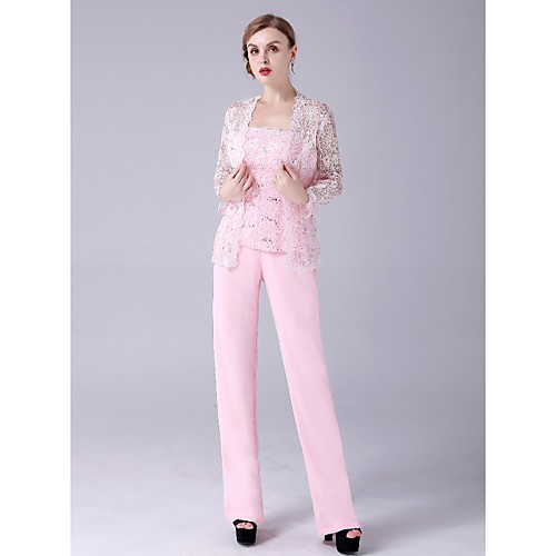 

Two Piece Pantsuit / Jumpsuit Mother of the Bride Dress Plus Size Elegant Square Neck Floor Length Chiffon Lace Sleeveless with Lace 2021