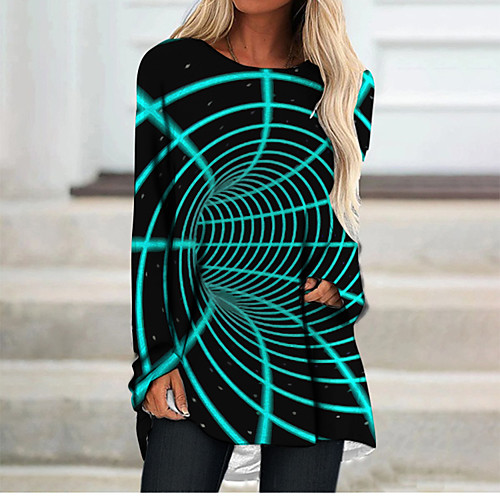 

Women's T Shirt Dress Tee Dress Short Mini Dress Blue Long Sleeve Color Block Geometric Print Fall Spring Round Neck 3D Print Casual 3D Print S M L XL XXL 3XL