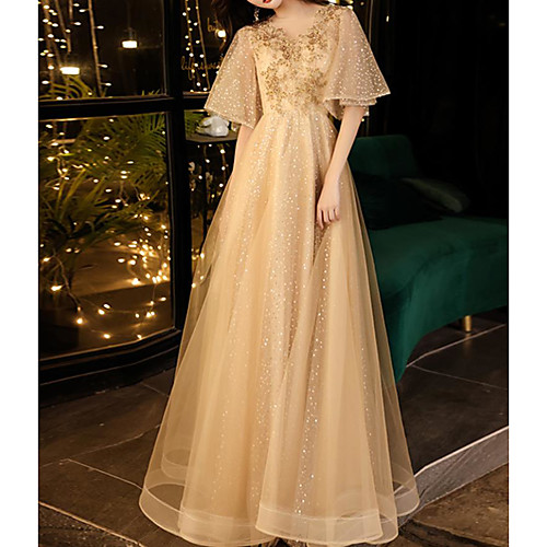 

A-Line Elegant Floral Wedding Guest Formal Evening Dress Illusion Neck Half Sleeve Floor Length Tulle with Pleats Beading Sequin 2021