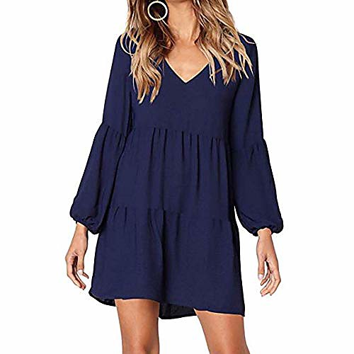 

ladies tunic tshirt dress bohemian dress v-neck loose casual mini dress swing dress with gathered flattering (s, blue)