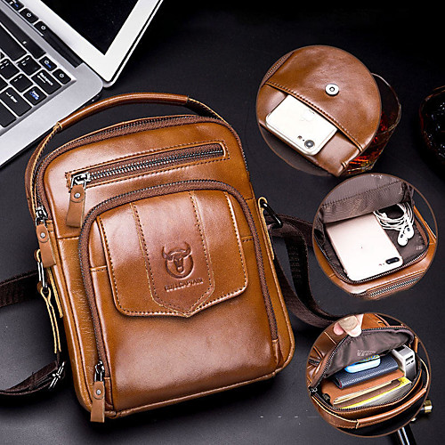 

bullcaptain men genuine leather shoulder bag for outdoor