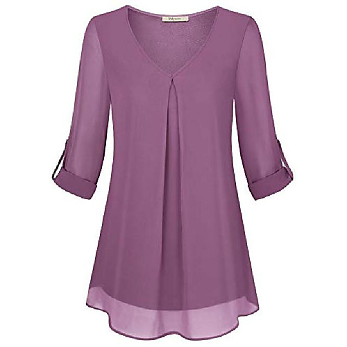 

Women's Tunic Tops, Ladies Casual 3/4 Sleeve Plus Size Summer Office Top Chiffon Shirts Dressy Tops and Blouses Layered Curved Hem Comfy Office Wear Business Cloth Purple XX-Large