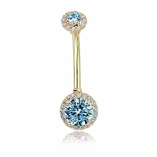 

10K Yellow Gold Aqua Simulated Diamond CZ Halo Belly Button Ring Body Jewelry - 014 Gauge