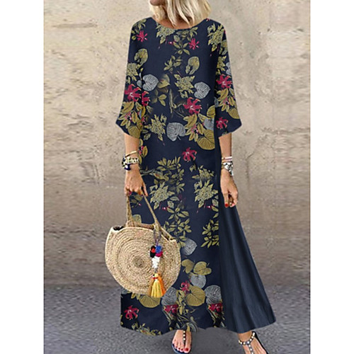 

Women's Swing Dress Maxi long Dress Blue Camel Beige 3/4 Length Sleeve Print Patchwork Print Fall Round Neck Casual 2021 S M L XL XXL 3XL 4XL 5XL
