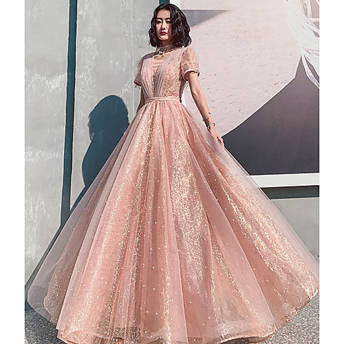 

A-Line Beautiful Back Sparkle Engagement Formal Evening Dress Illusion Neck Short Sleeve Floor Length Tulle with Pleats Pearls Pattern / Print 2021