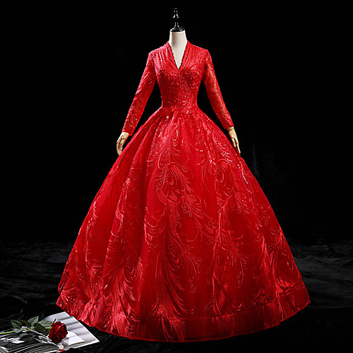 

Ball Gown Glittering Luxurious Quinceanera Prom Dress V Neck Long Sleeve Floor Length Lace with Pleats Sequin 2021