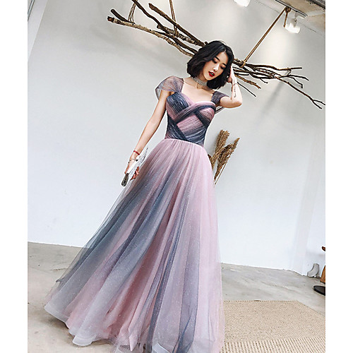 

A-Line Color Block Glittering Wedding Guest Prom Dress Sweetheart Neckline Short Sleeve Floor Length Tulle with Pleats 2021