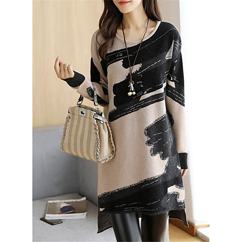 

Women's Shift Dress Short Mini Dress Light Brown Light gray Long Sleeve Print Print Fall Winter Round Neck Casual 2021 M L XL XXL 3XL