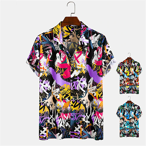 

Men's Shirt Other Prints Graffiti Button-Down Print Short Sleeve Daily Tops Casual Hawaiian Blue Red Yellow