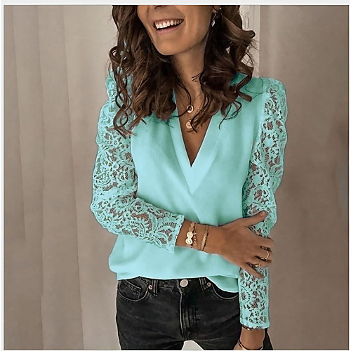 

Women's Blouse Eyelet top Shirt Solid Colored Lace Patchwork V Neck Basic Sexy Tops Blue Blushing Pink Black